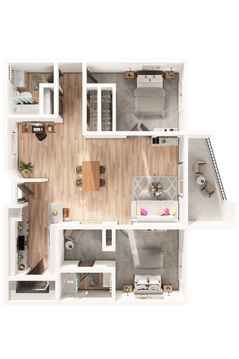 Floor plan for 2 beds, 2 baths, 1080 sqft